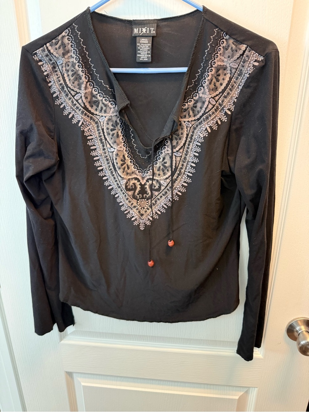 Mixit Black Long Sleeve V-Neck Top with Silver Embroidered Yoke